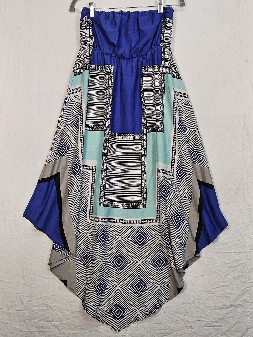 Roxy FLOATING BY Dress Strapless Blue/Grey Geometric Print Halter Long 114199